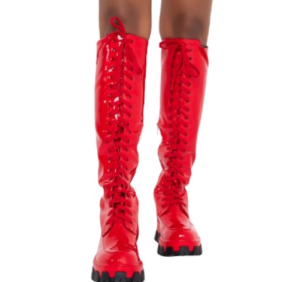 Dolls Kill Firehouse Red Patent Leather Tall Slouchy Knee High Chunky Sole Boots - Picture 2 of 4
